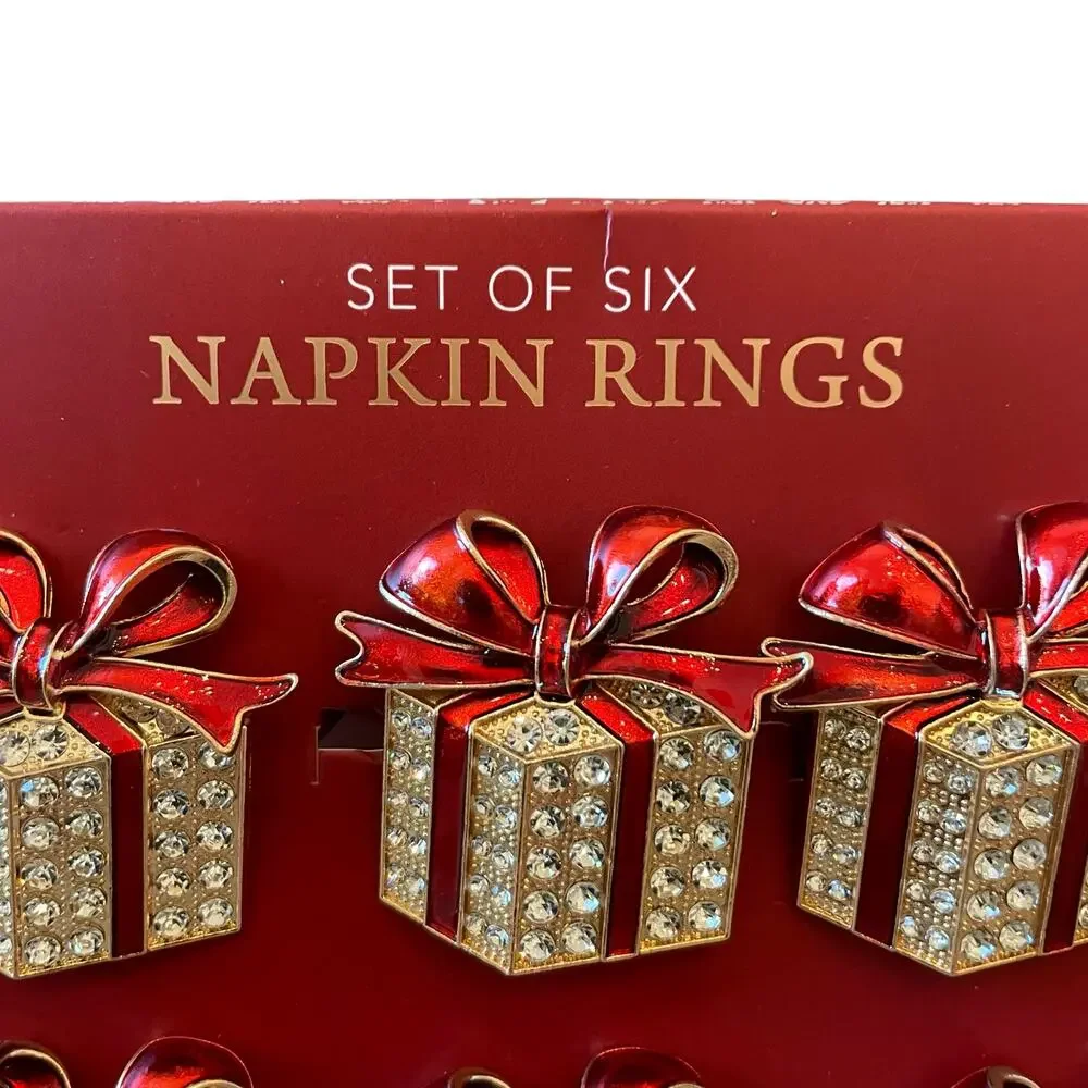 Envogue Rhinestone CHRISTMAS Present Napkin Rings Set of 6 Holiday Red Gold New
